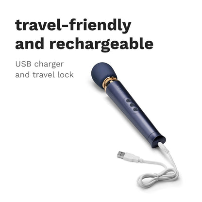 Blue USB charger with text 'travel-friendly and rechargeable' on a white background
