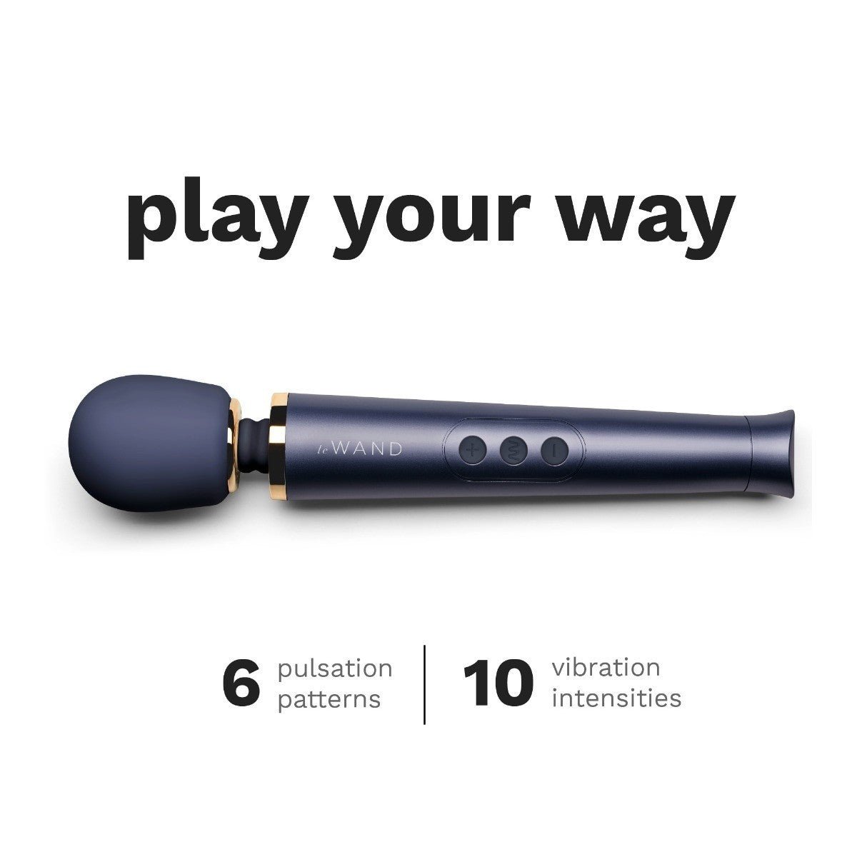 Black handheld massage device with text indicating features on a white background