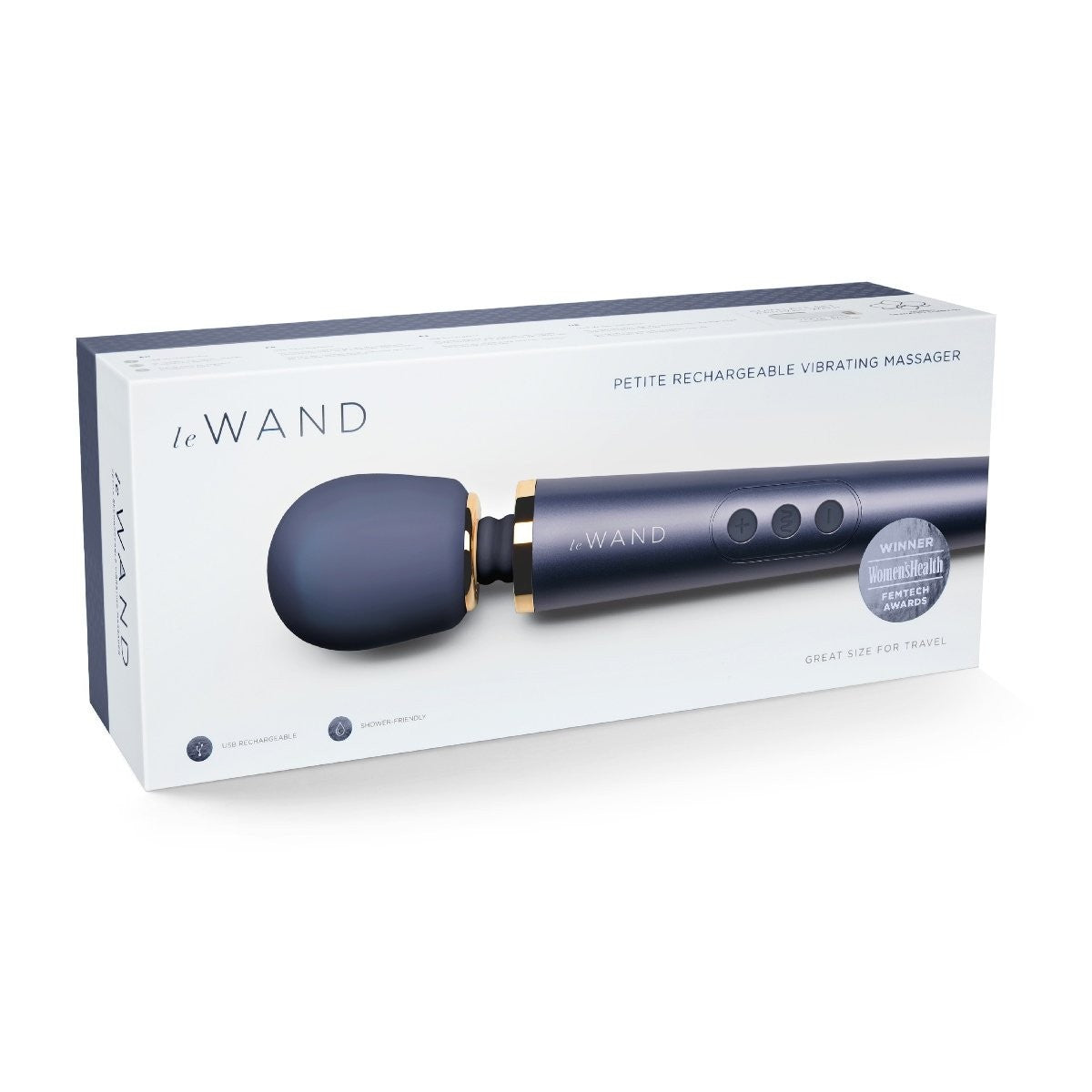 Le Wand petite rechargeable vibrating massager in packaging on a white background