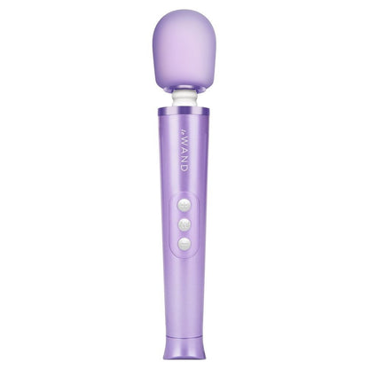 Purple electronic massager with 'Le WAND' branding on a white background