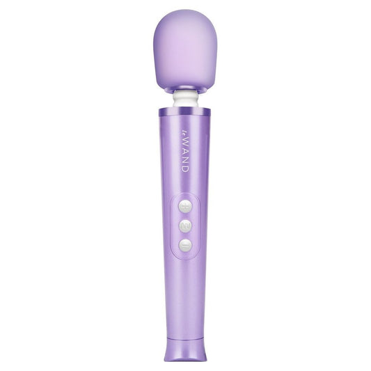 Purple electronic massager with 'Le WAND' branding on a white background