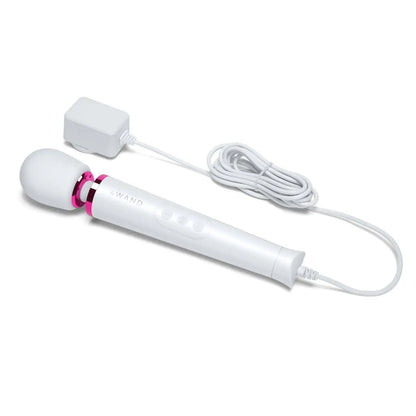 White electronic wand vibrator with a cord on a white background