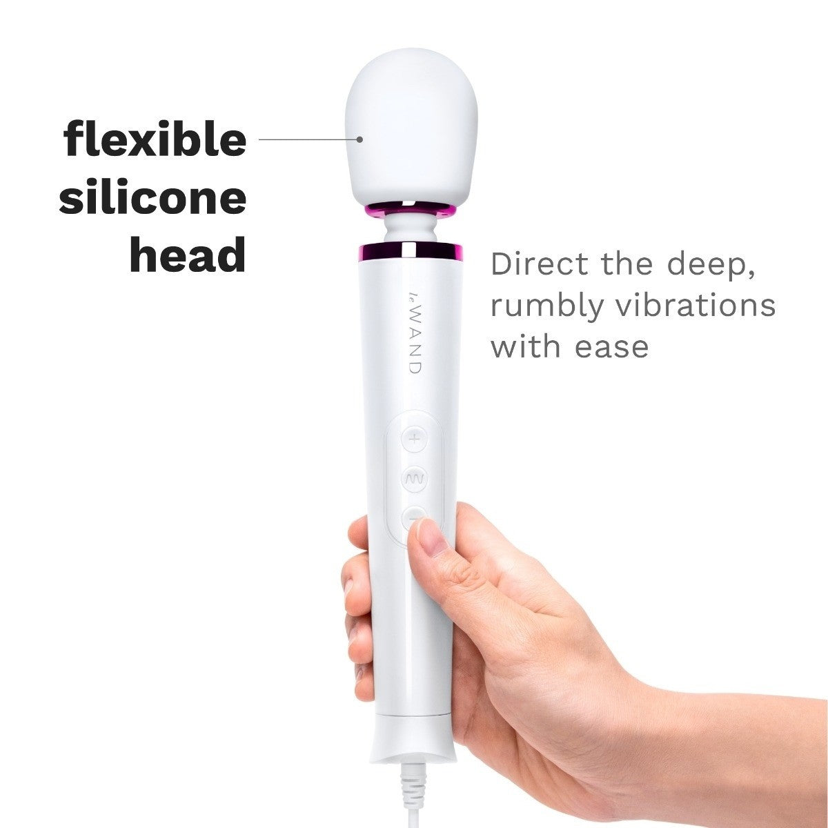 Hand holding a white LE WAND device with text describing its features on a white background