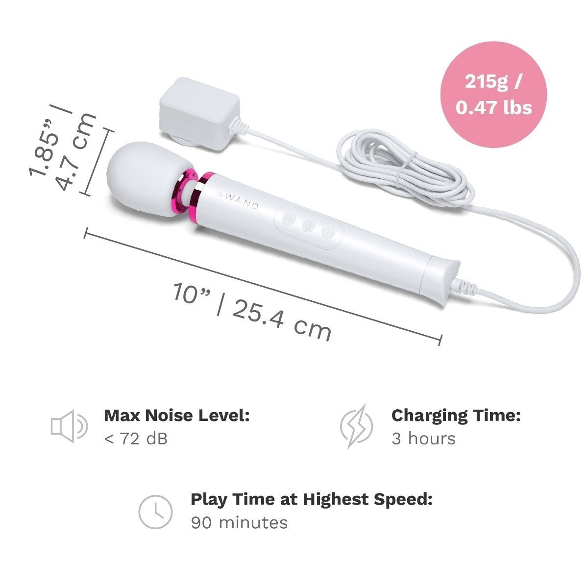 White vibrating wand with power cable, measurements, and specifications on a white background