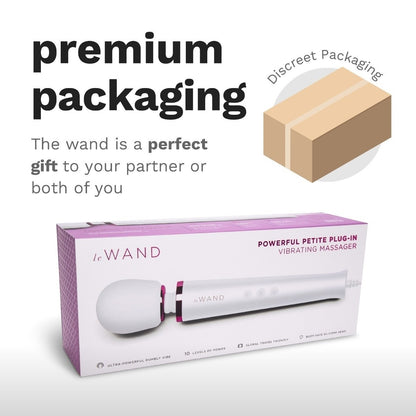 Le Wand packaging with text about premium packaging and discreet shipping.