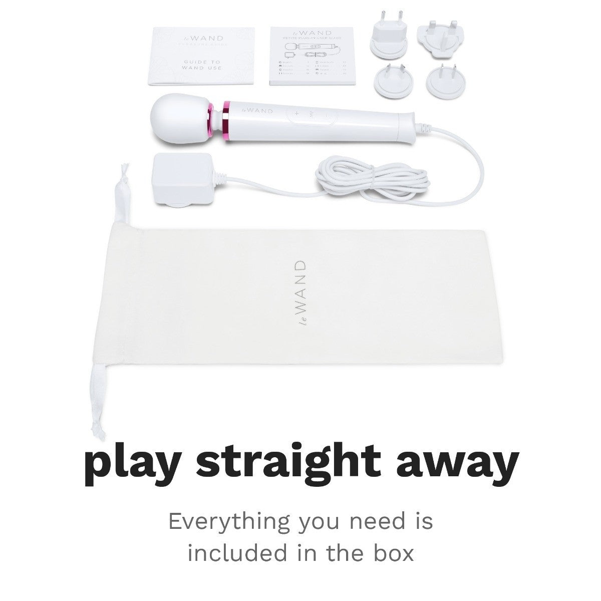 White electronic device with accessories on a white background, including text 'play straight away'.