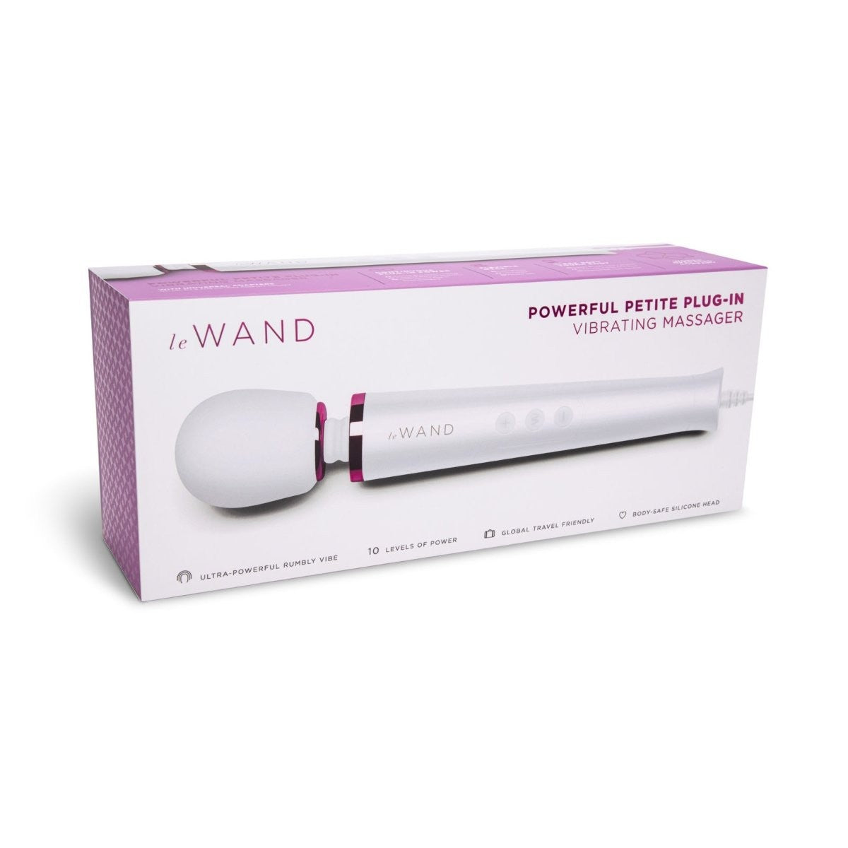 Le Wand packaging for a powerful petite plug-in vibrating massager on a white background