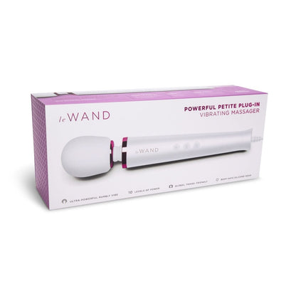 Le Wand packaging for a powerful petite plug-in vibrating massager on a white background