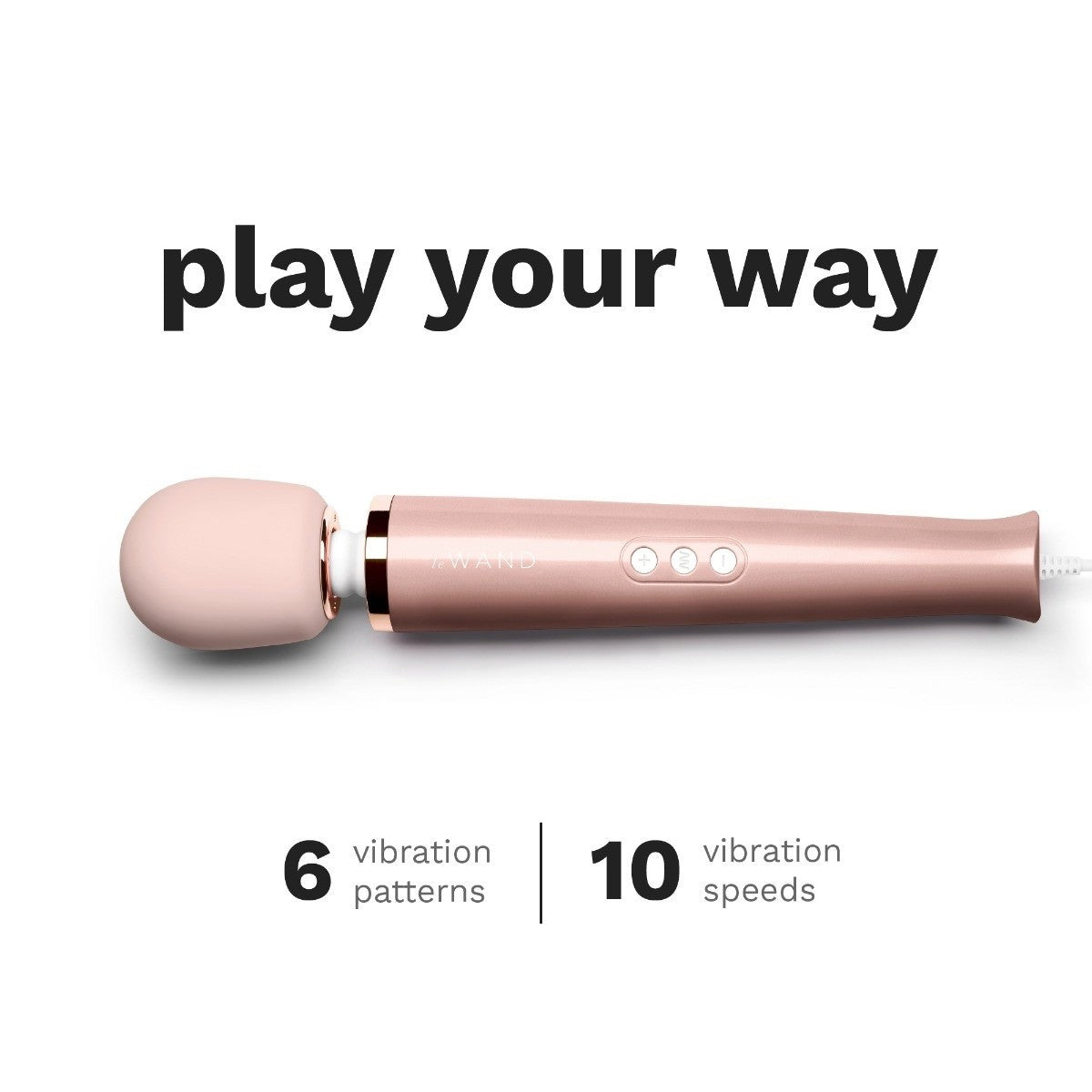Rose gold handheld massager with text on a white background