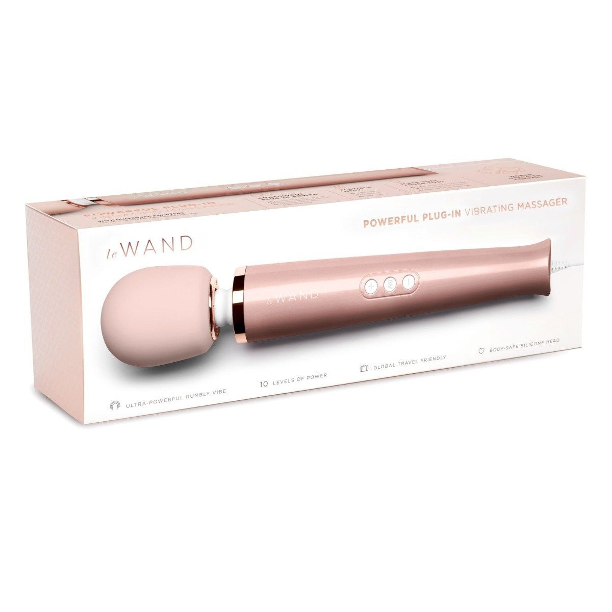 Rose gold handheld massager with packaging on a white background