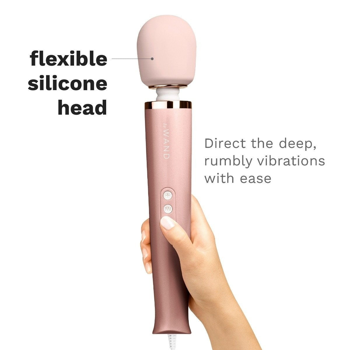 Pink handheld electronic device with a flexible silicone head, held by a hand on a white background.