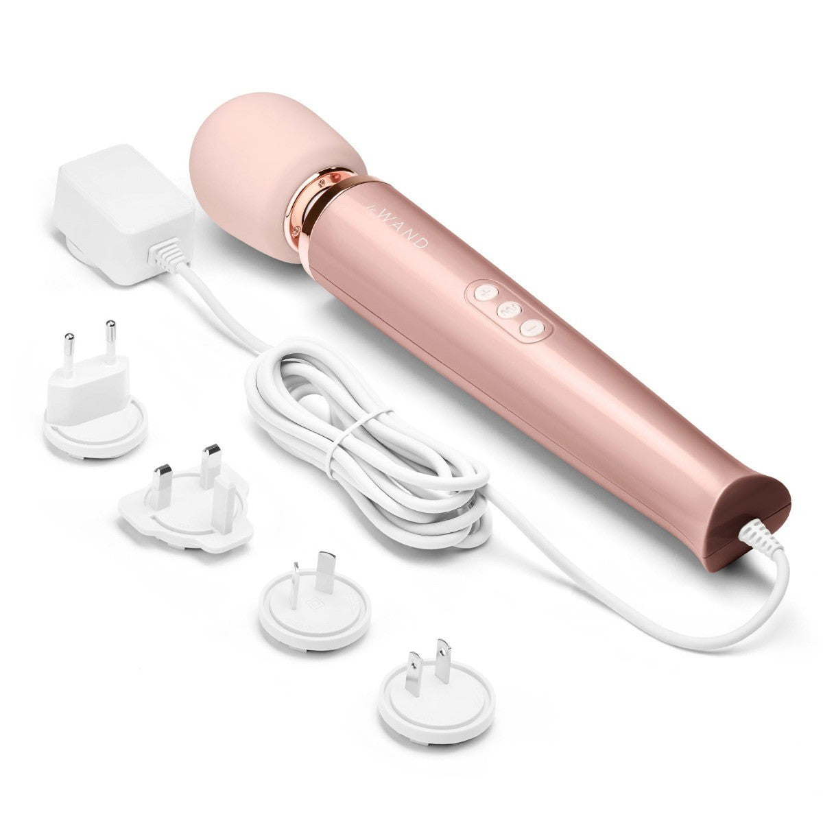Rose gold handheld device with attachments on a white background