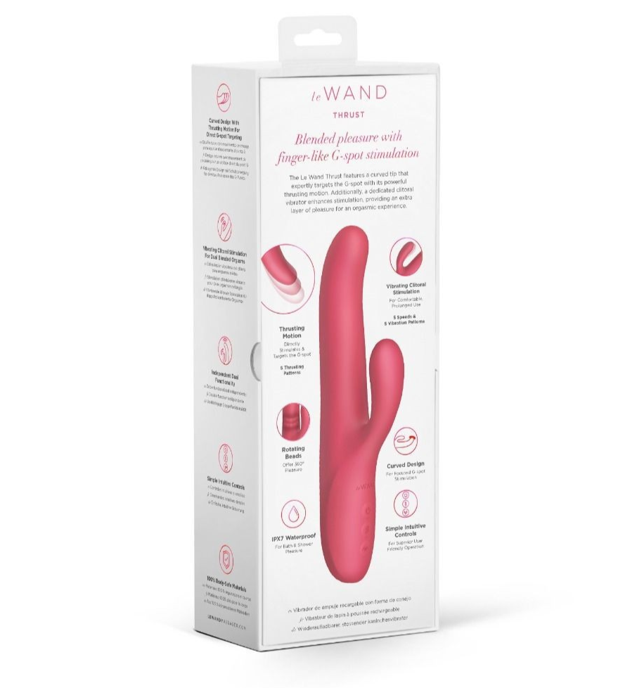 Product packaging of a pink handheld rabbit massager with text on a white background