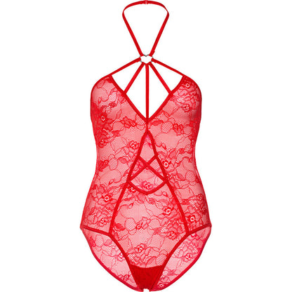 Red lace lingerie set on a white background