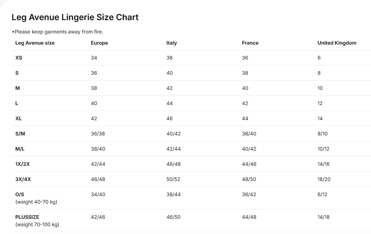 Leg Avenue Lingerie Size Chart with size conversions between European, Italian, French, and UK sizes.