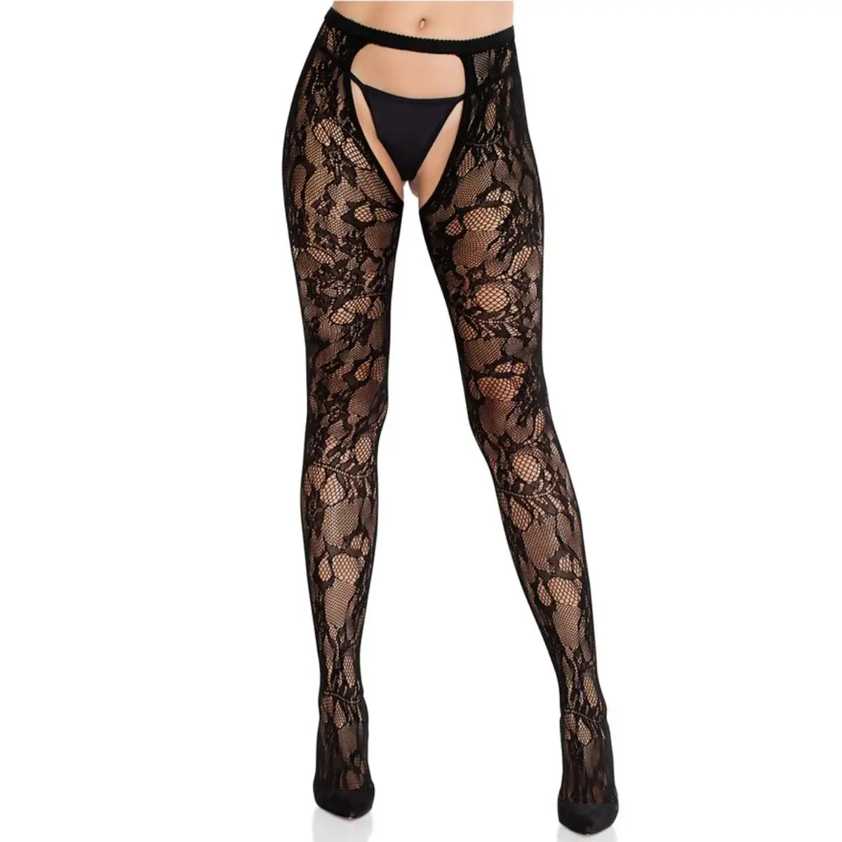 Leg Avenue Rose Lace Crotchless Suspender Stockings With Open Back Black One Size on a white background