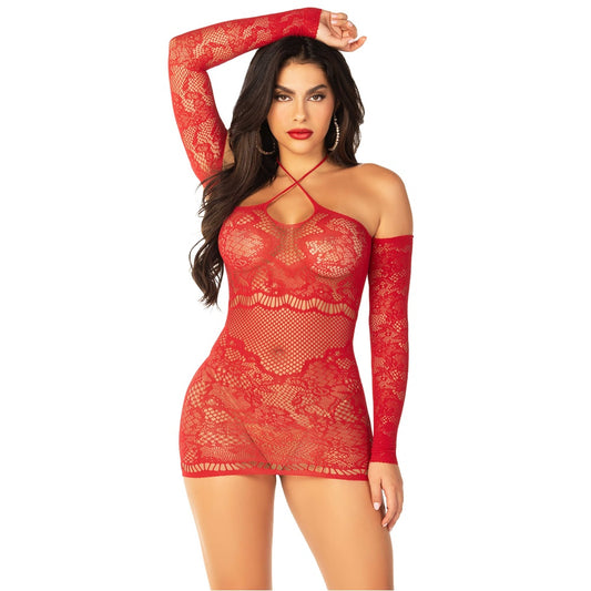 Woman wearing a red lace lingerie set on a white background
