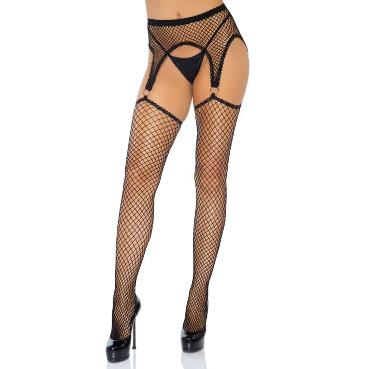 Black fishnet stockings with a garter belt on a white background