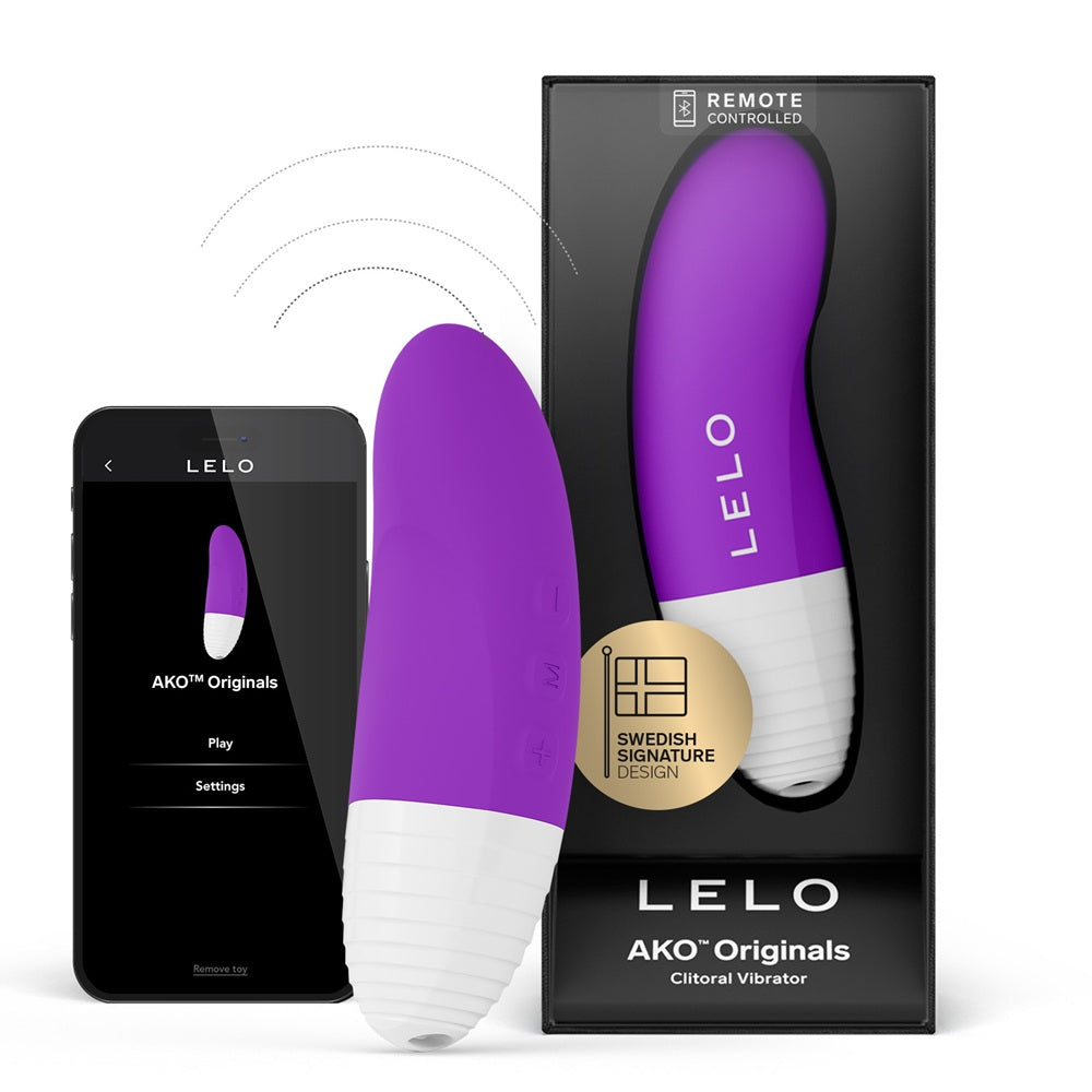 LELO AKO Originals clitoral vibrator shown in purple and white, alongside its black retail box and a smartphone displaying the LELO app interface. The box includes a gold 'Swedish Signature Design' badge.