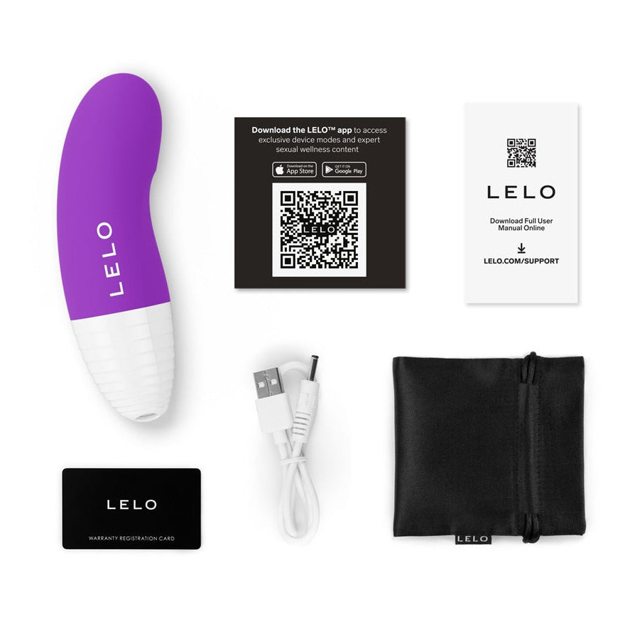 LELO product packaging with purple and white device, USB cable, black pouch, and support card on a white background.