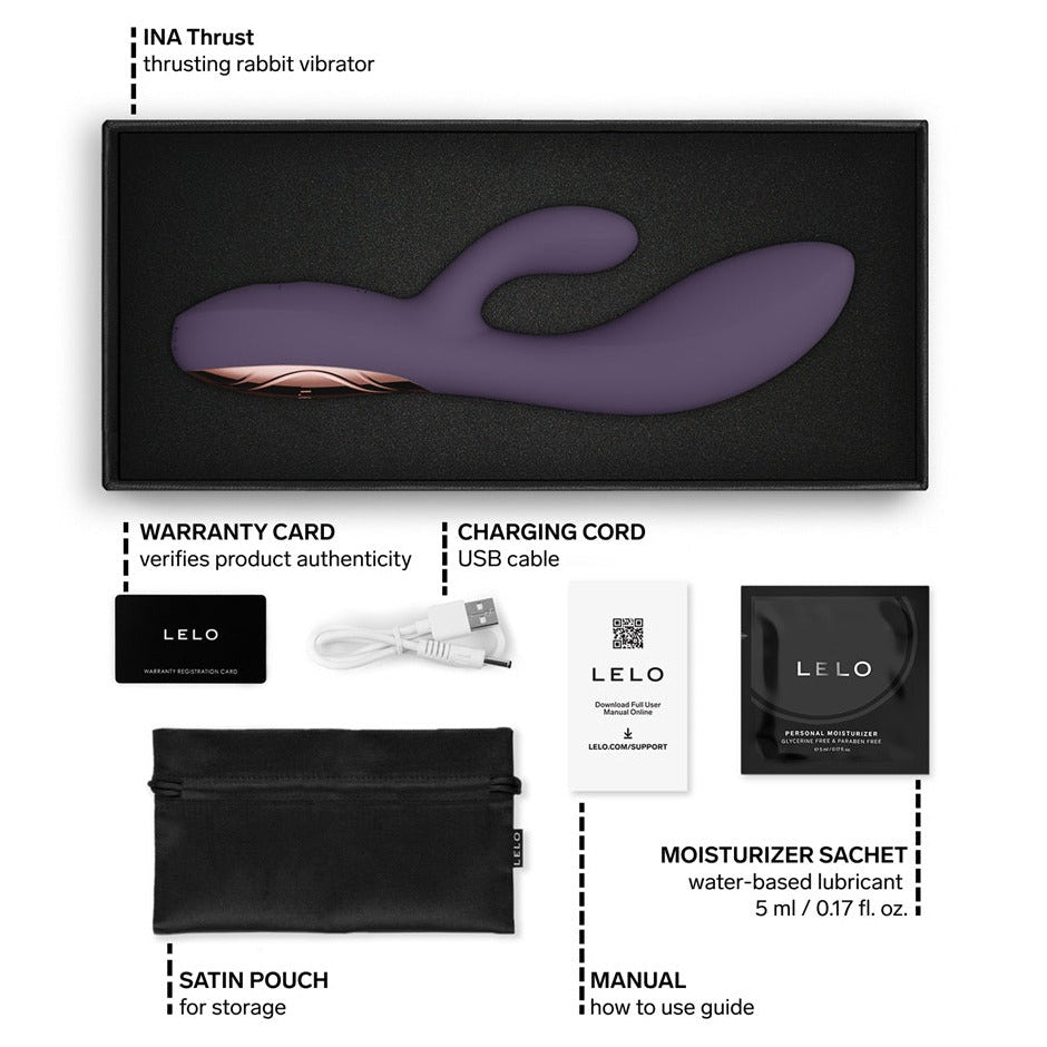 LELO thrusting rabbit vibrator packaging with accessories on a white background
