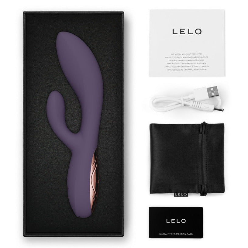 Purple and rose gold Lelo Rabbit Massager device on a white background