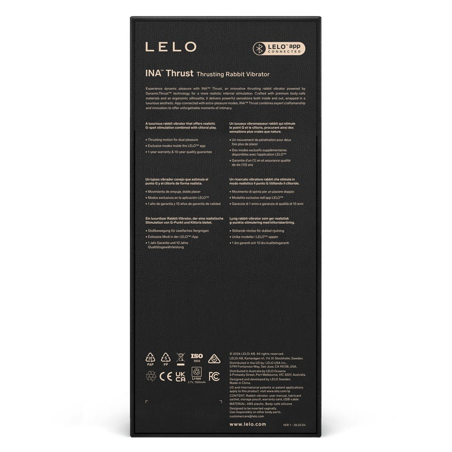 The back of a tall black rectangular product box with white text, photographed against a plain white background. The brand name LELO is clearly visible at the top.
