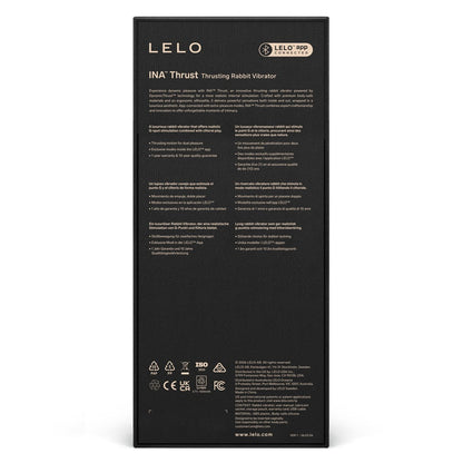 The back of a tall black rectangular product box with white text, photographed against a plain white background. The brand name LELO is clearly visible at the top.