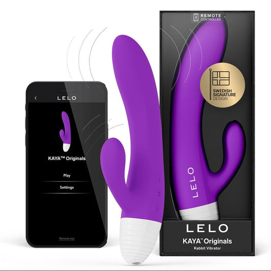 LELO Kaya Originals cactus-shaped adult toy in purple and white, shown next to its black retail box with a gold Swedish Signature Design badge and a smartphone displaying the LELO app.