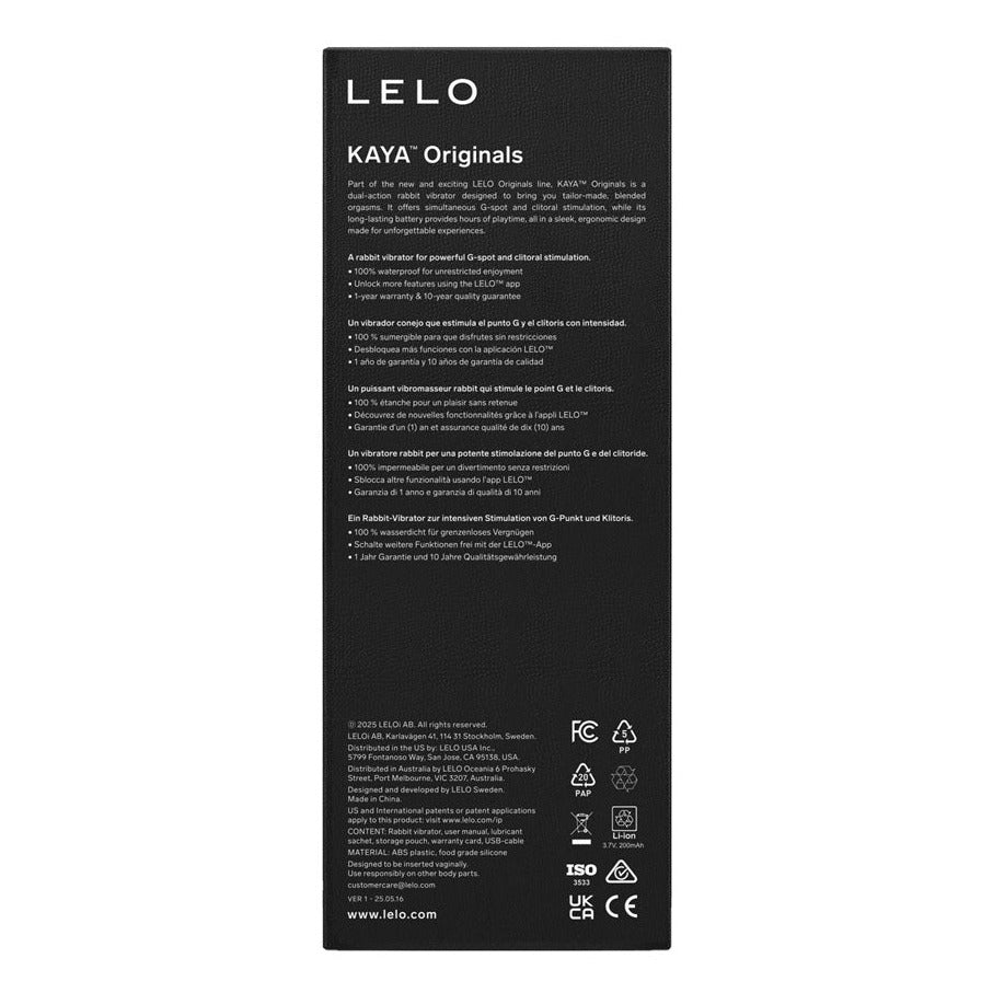 A tall, narrow black product box or packaging panel with white text reading 'LELO' and 'KAYA Originals,' plus small regulatory icons and text near the bottom, shown on a plain white background.