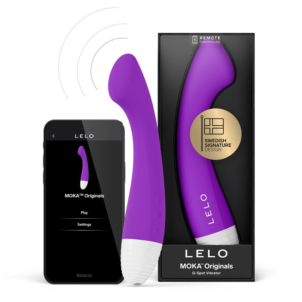 LELO Moka' Originals remote-controlled G-spot vibrator in purple and white, shown alongside its black retail packaging box with a gold seal, and a smartphone displaying the companion app interface.