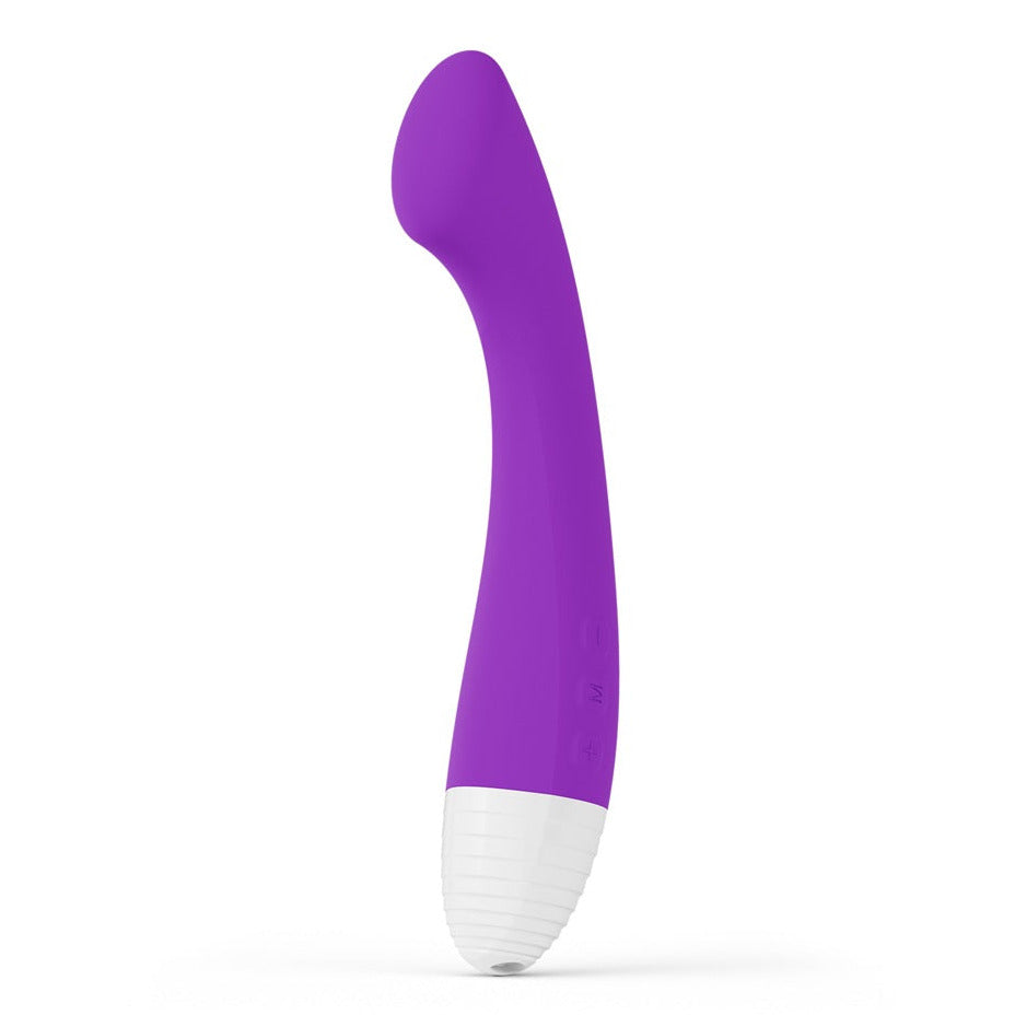 Purple and white G-Spot massage vibrator device on a white background