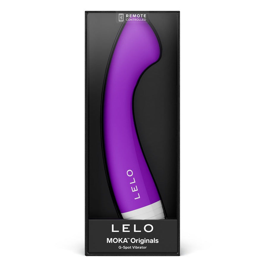 Purple LELO Moka Originals G-Spot vibrator in black packaging on a white background