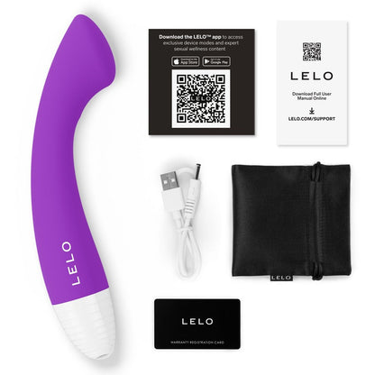 LELO product with accessories including a USB cable, black pouch, and app card on a white background