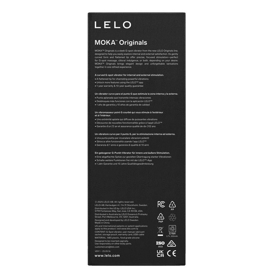 A tall, narrow black product box or packaging panel with white text reading 'LELO' and 'MOKA Originals,' photographed against a plain white background.