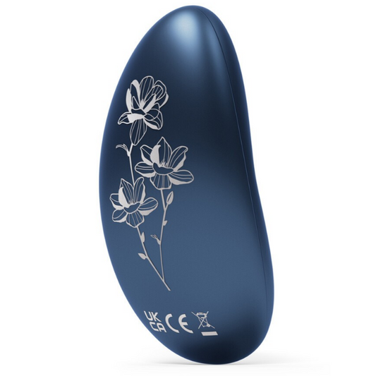 Blue electronic Lelo vibrator with floral design on a white background