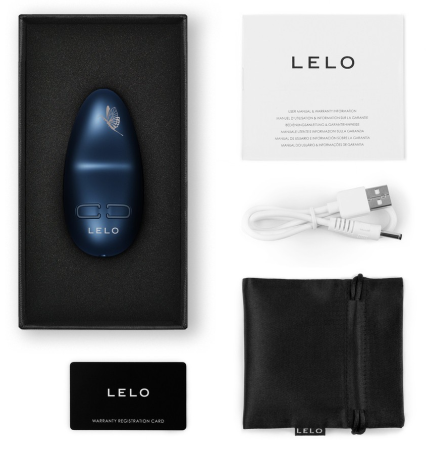 LELO product packaging with device, USB cable, warranty card, and drawstring bag on a white background.