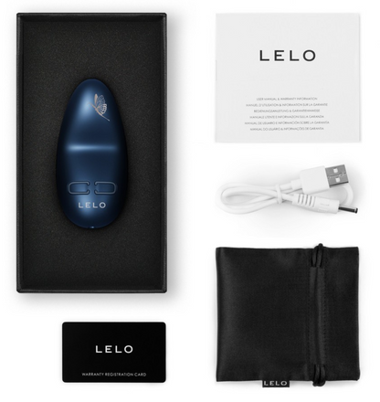 LELO product packaging with device, USB cable, warranty card, and drawstring bag on a white background.