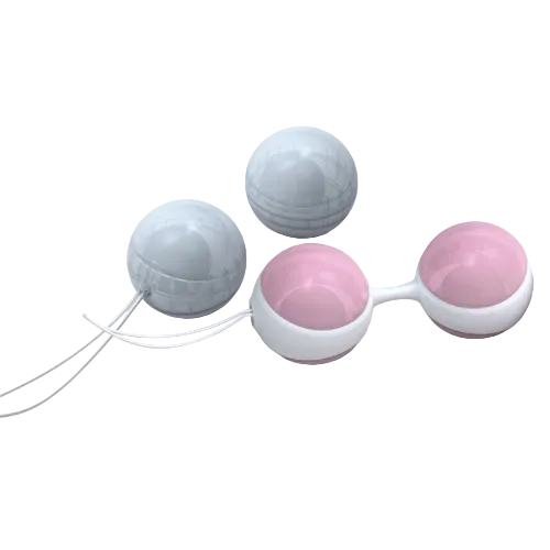 White, blue and pink kegel trainers on a white background