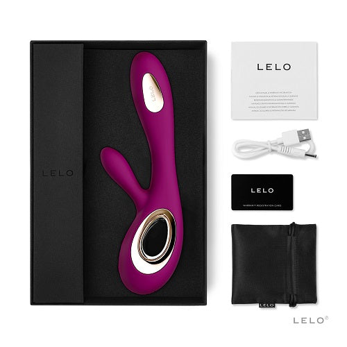 Purple and gold device with LELO branding, packaging, and accessories on a white background