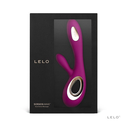 Purple massage device in a black Lelo packaging on a white background