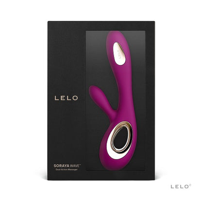 Purple massage device in a black Lelo packaging on a white background