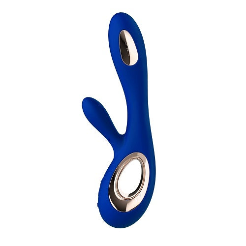 Blue and silver massage device on a white background