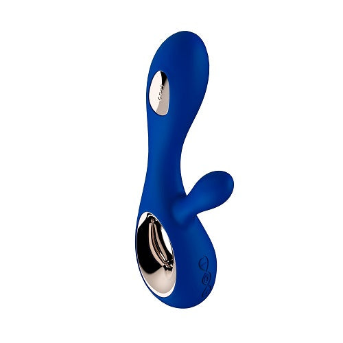Blue and silver massage device on a white background