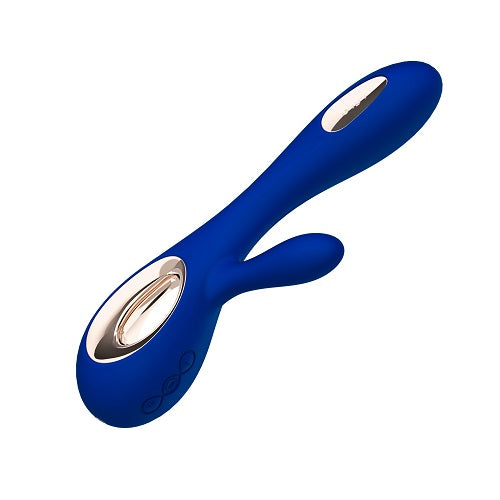 Blue and silver massage device on a white background