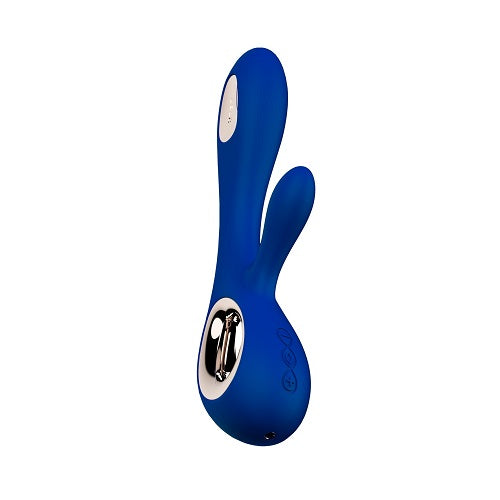 Blue rabbit-shaped sex toy with silver base on a white background