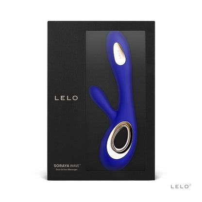 Blue massage device in black packaging with 'LELO' branding on a white background