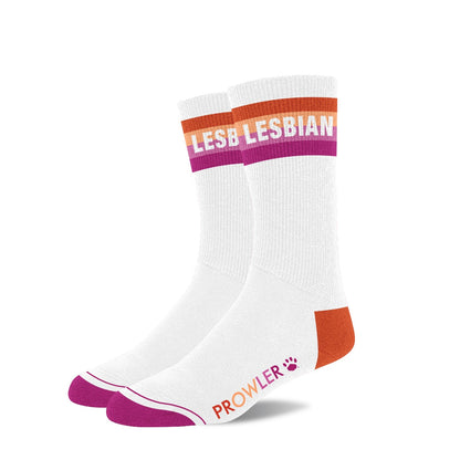White sock with colorful text and branding on a white background