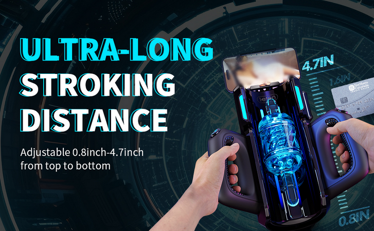 Product with text highlighting ultra-long stroking distance on a dark background