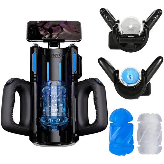 Black handheld male auto masturbator device with blue and clear stroker sleeves, including a smartphone holder and attachments on a white background.